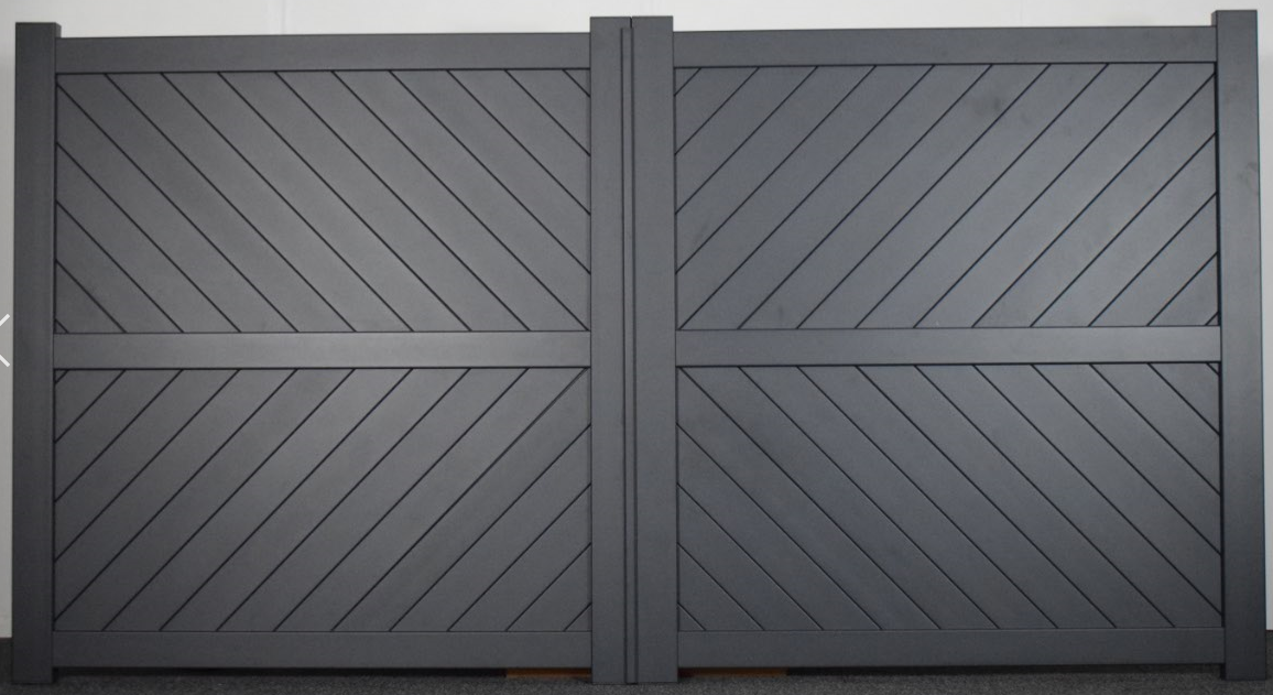 The Strand - Aluminium double swing gate with diagonal solid infill - Flat top - Full Hinge Pack Included