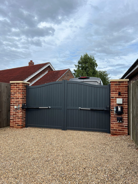 The Abbey - Aluminium double swing gate with vertical solid infill - Bell curved top - Full Hinge Pack Included