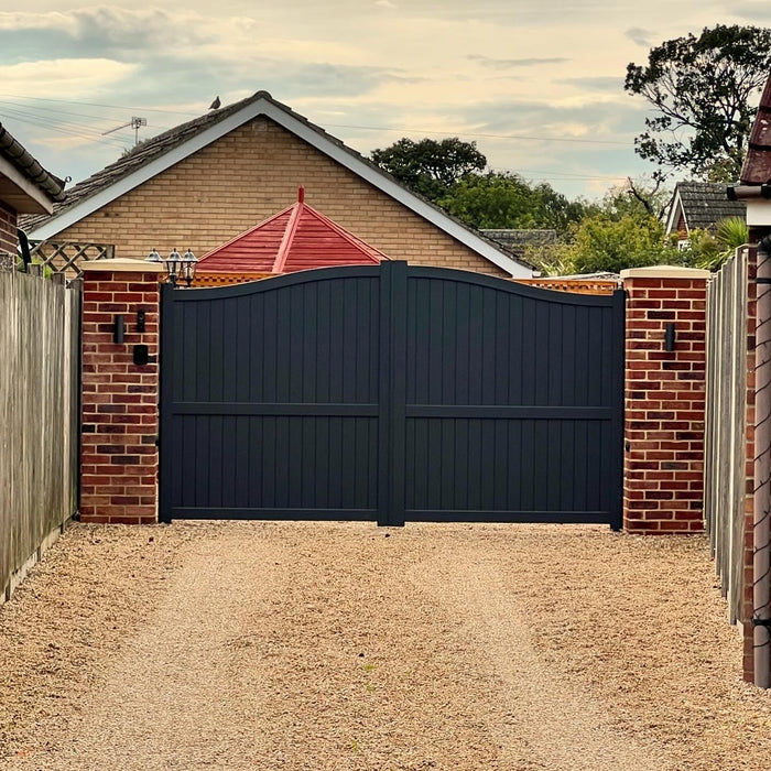 The Abbey - Aluminium double swing gate with vertical solid infill - Bell curved top - Full Hinge Pack Included