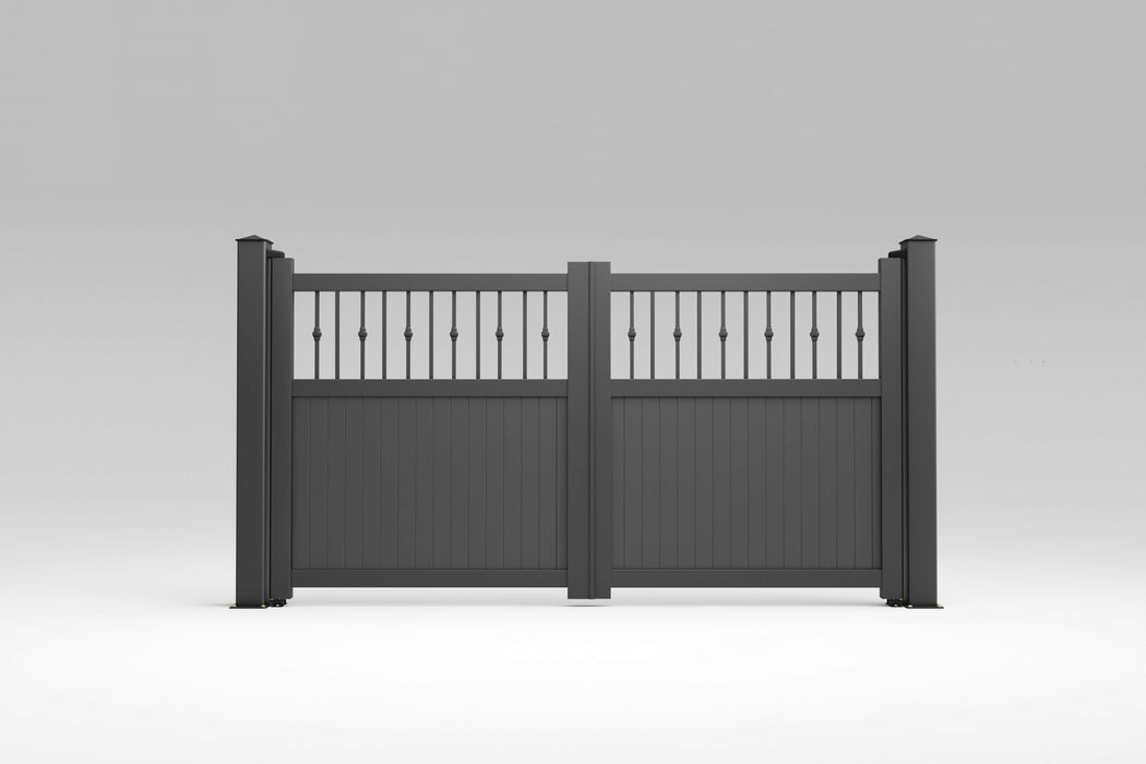 The Monte Carlo - Aluminium double swing gate with vertical mixed infill - Flat top - Full Hinge Pack Included