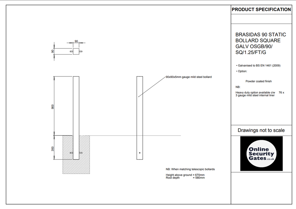 BRASIDAS 90 STATIC BOLLARD SQUARE GALV