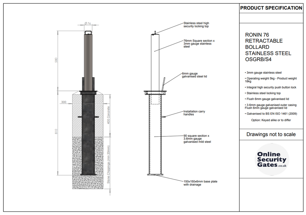 RONIN 76 RETRACTABLE BOLLARD STAINLESS STEEL