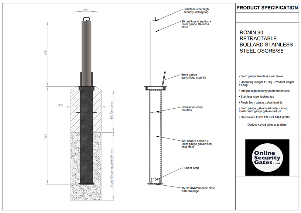 RONIN 90 RETRACTABLE BOLLARD STAINLESS STEEL