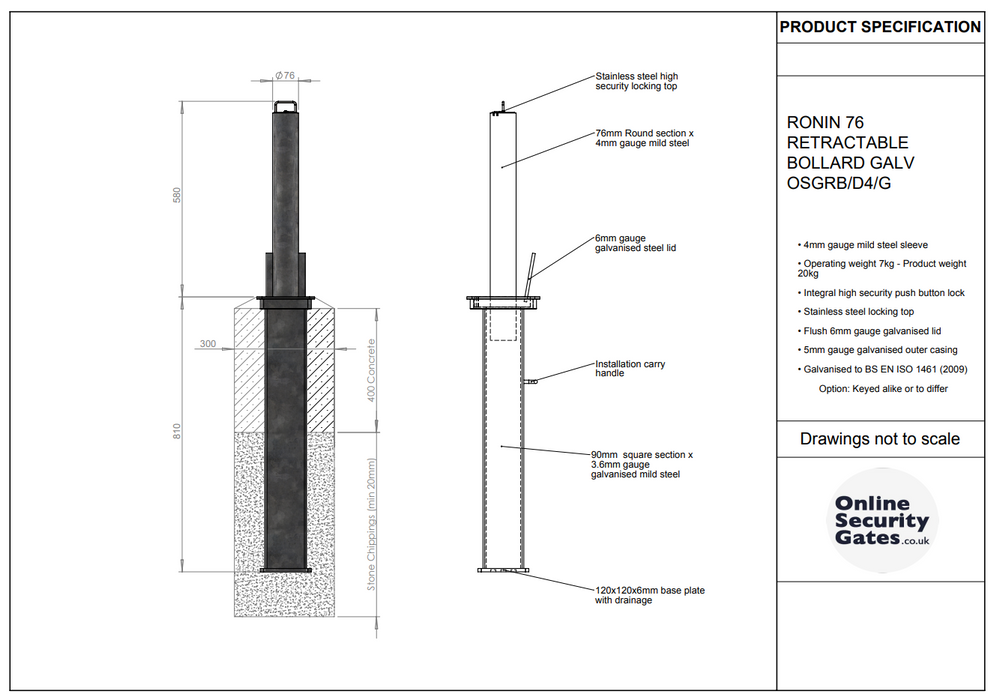 RONIN 76 RETRACTABLE BOLLARD GALV