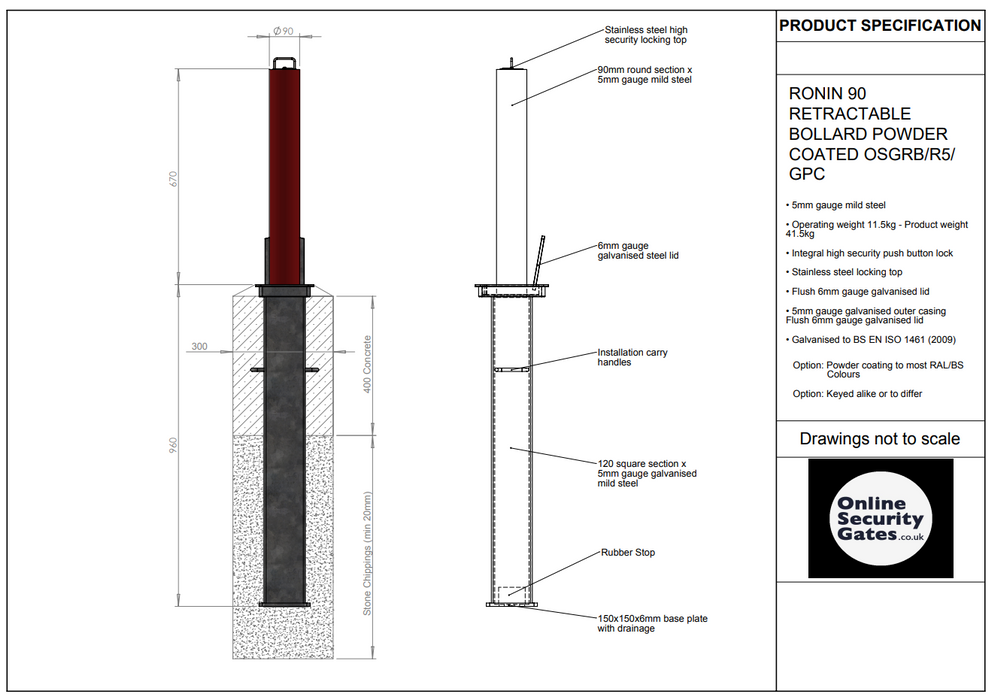 RONIN 90 RETRACTABLE BOLLARD POWDER COATED