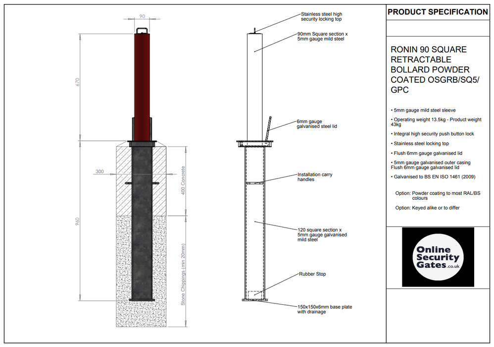 RONIN 90 SQUARE RETRACTABLE BOLLARD POWDER COATED