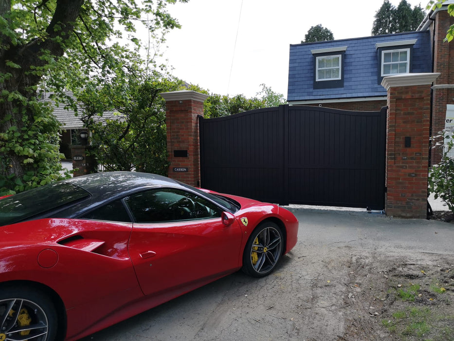 The Abbey - Aluminium double swing gate with vertical solid infill - Bell curved top - Full Hinge Pack Included