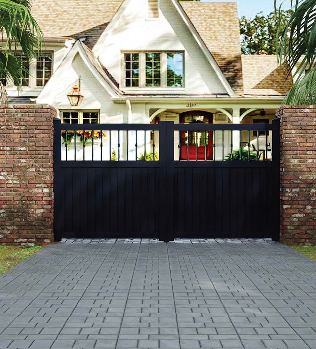 The Monte Carlo - Aluminium double swing gate with vertical mixed infill - Flat top - Full Hinge Pack Included