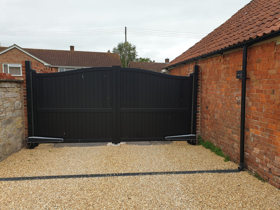 The Abbey - Aluminium double swing gate with vertical solid infill - Bell curved top - Full Hinge Pack Included