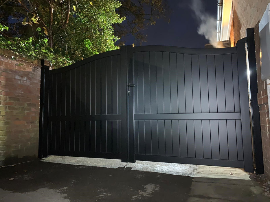 The Abbey - Aluminium double swing gate with vertical solid infill - Bell curved top - Full Hinge Pack Included