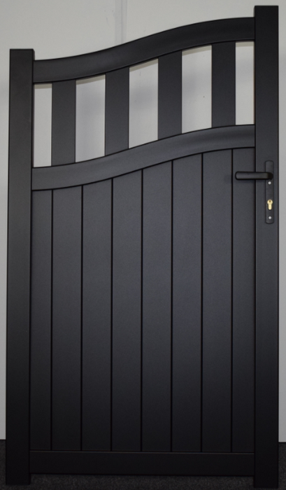 The Regent - Aluminium pedestrian gate with mixed infill - Bell curved top | Supplied with lock, 3 x keys, full height lock keep receiver, full hinge pack for mounting