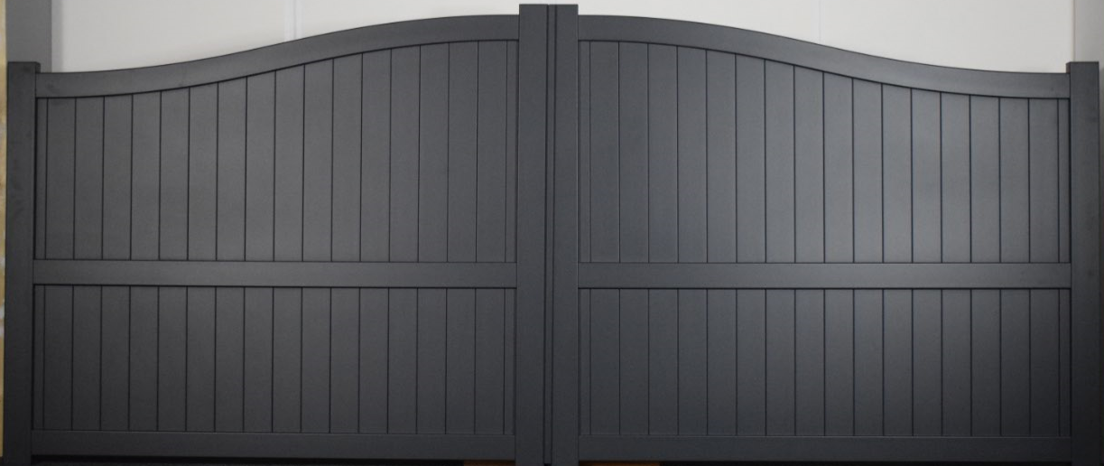 The Abbey - Aluminium double swing gate with vertical solid infill - Bell curved top - Full Hinge Pack Included