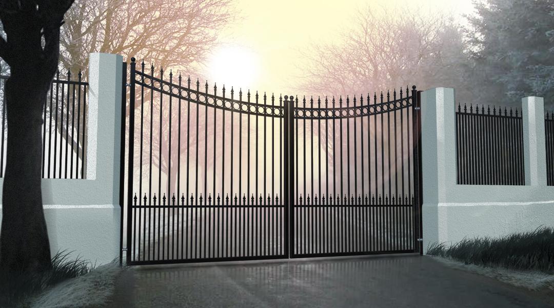 Ornate aluminium double swing gate - Inverse curved top