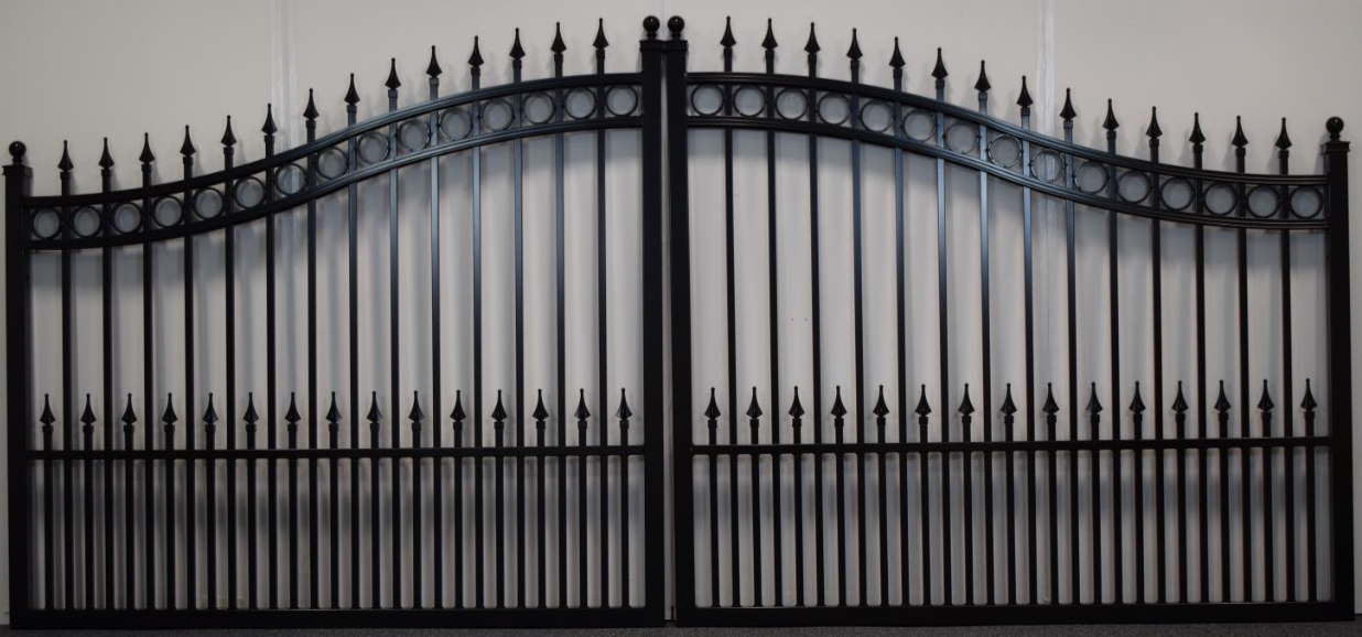 Ornate aluminium double swing gate - Bell curved top. Colour: Black (Powder Coated). The heights provided are of the centre point which drops by 200mm at the outer hinge side. Robust and lightweight. Aluminium is a perfect material for the fabrication of gates - strong, stable and lighter than traditional materials.