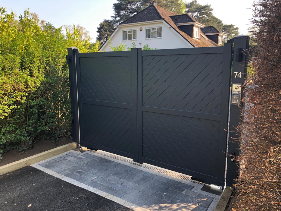 The Strand - Aluminium double swing gate with diagonal solid infill - Flat top - Full Hinge Pack Included