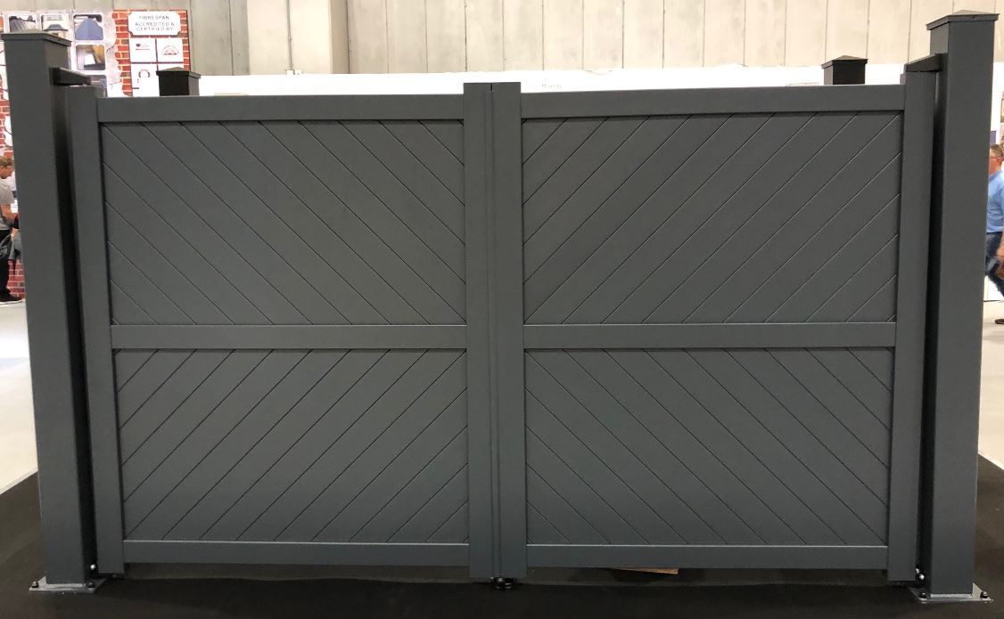 The Strand - Aluminium double swing gate with diagonal solid infill - Flat top - Full Hinge Pack Included