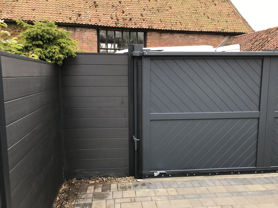 The Strand - Aluminium double swing gate with diagonal solid infill - Flat top - Full Hinge Pack Included