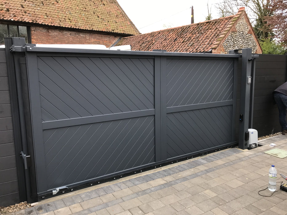 The Strand - Aluminium double swing gate with diagonal solid infill - Flat top - Full Hinge Pack Included