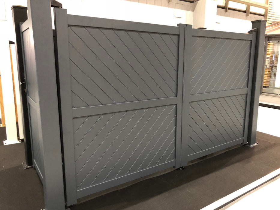 The Strand - Aluminium double swing gate with diagonal solid infill - Flat top - Full Hinge Pack Included