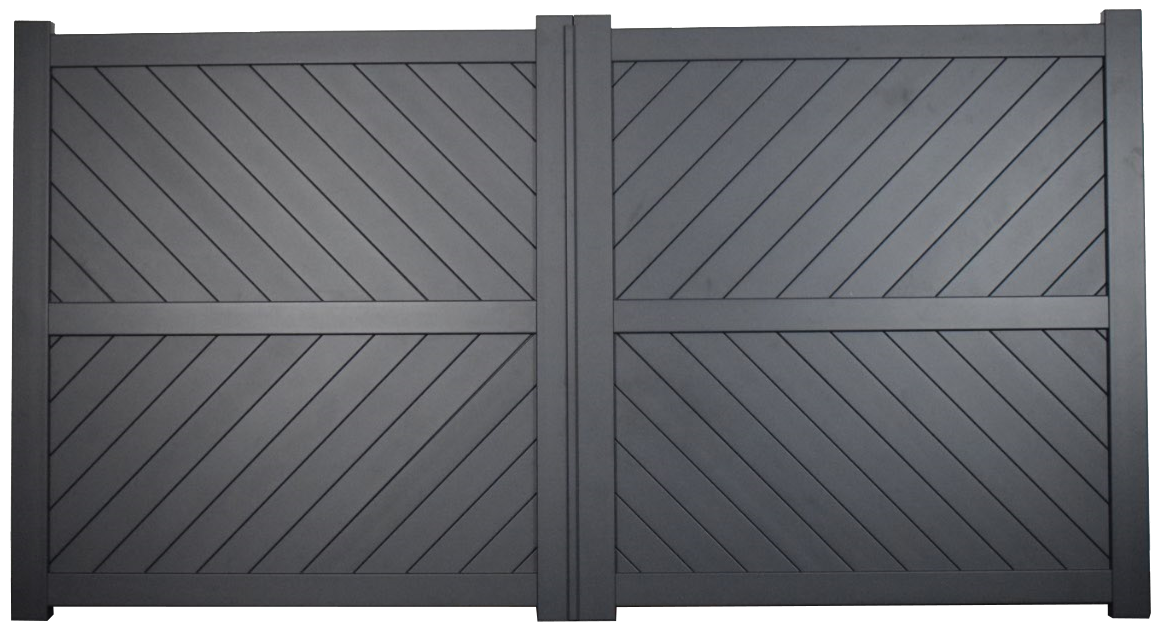 The Strand - Aluminium double swing gate with diagonal solid infill - Flat top - Full Hinge Pack Included