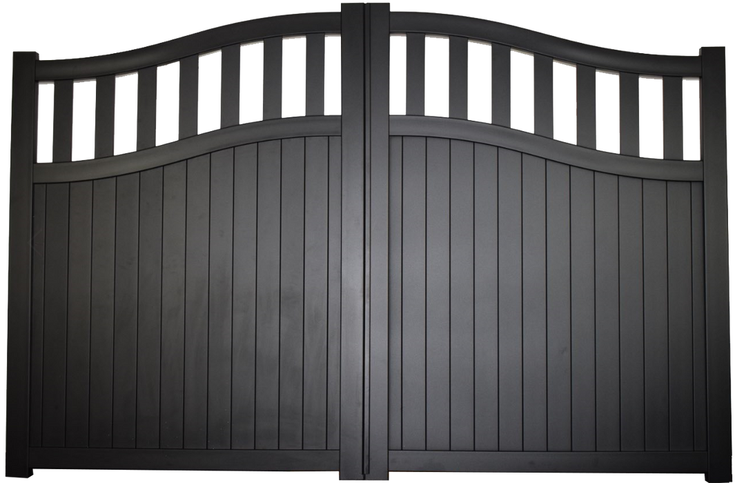 The Regent - Aluminium double swing gate with mixed infill - Bell curved top - Full Hinge Pack Included