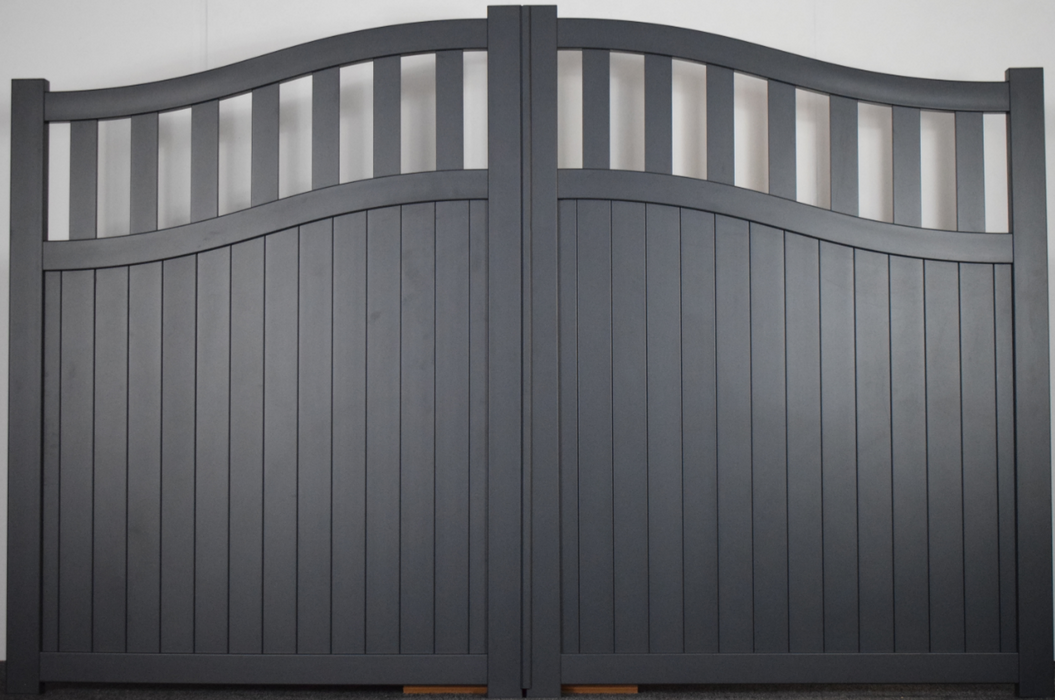 The Regent - Aluminium double swing gate with mixed infill - Bell curved top - Full Hinge Pack Included