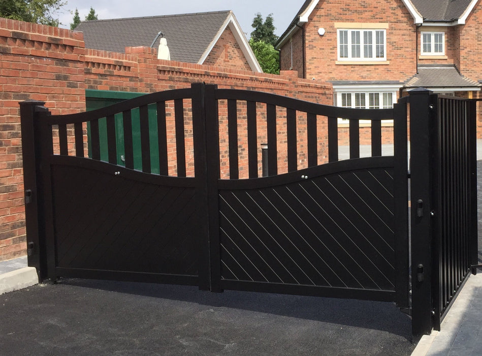 The St James - Aluminium double swing gate with mixed infill - Bell curved top - Full Hinge Pack Included