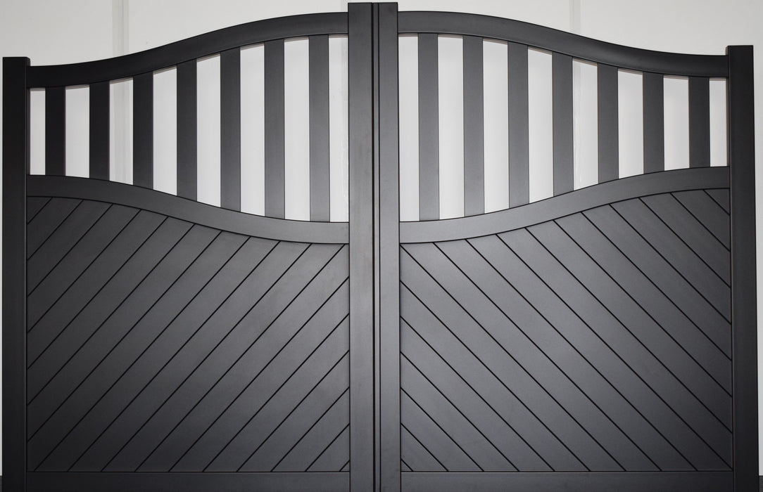 The St James - Aluminium double swing gate with mixed infill - Bell curved top - Full Hinge Pack Included