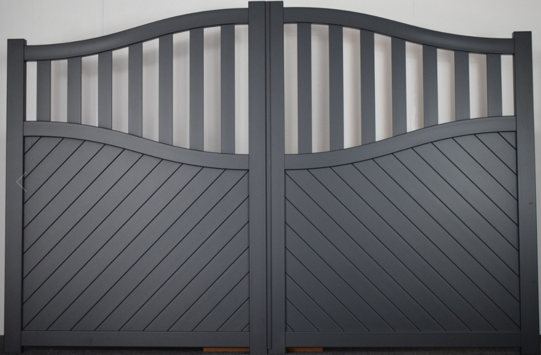 The St James - Aluminium double swing gate with mixed infill - Bell curved top - Full Hinge Pack Included