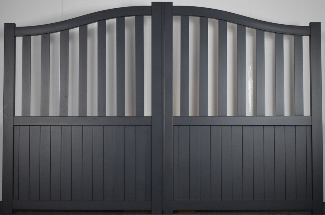 The Nelson - Aluminium double swing gate with mixed infill - Bell curved top - Full Hinge Pack Included