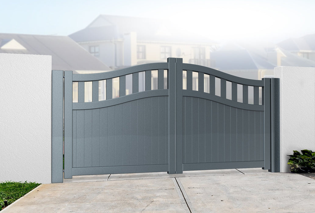 The Regent - Aluminium double swing gate with mixed infill - Bell curved top - Full Hinge Pack Included