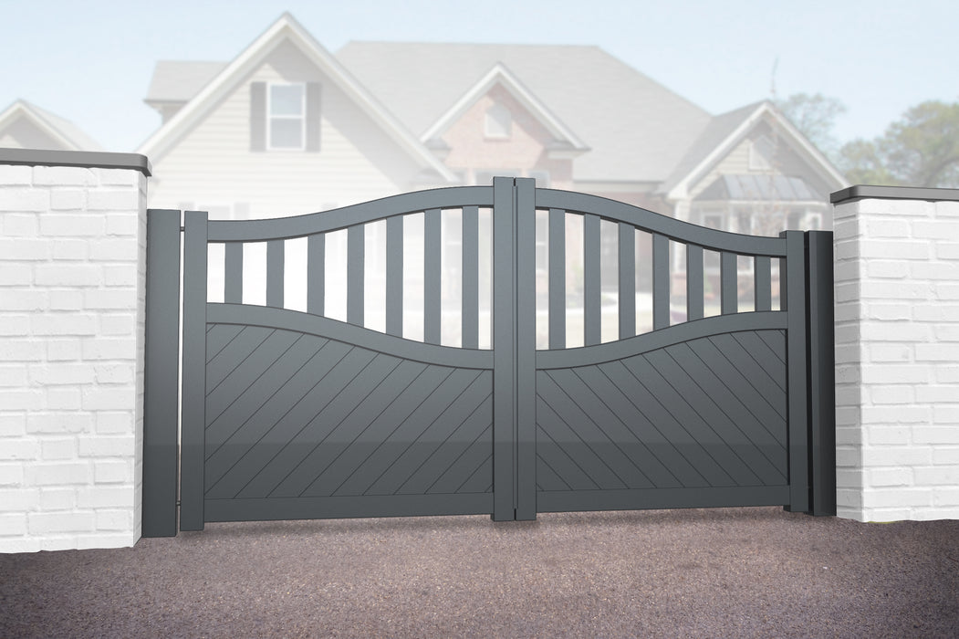 The St James - Aluminium double swing gate with mixed infill - Bell curved top - Full Hinge Pack Included