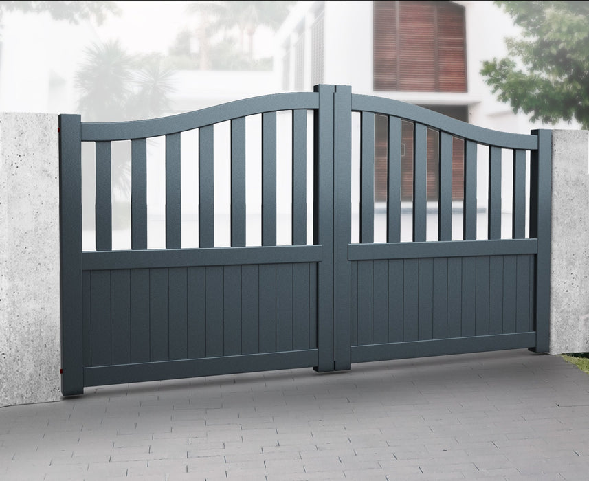 The Nelson - Aluminium double swing gate with mixed infill - Bell curved top - Full Hinge Pack Included