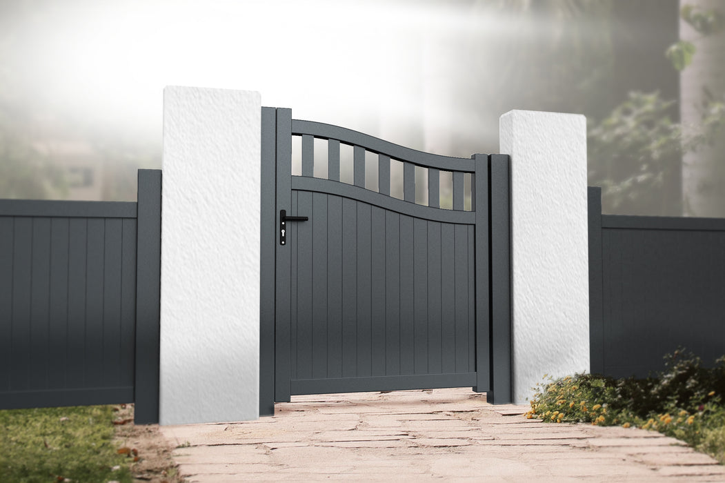 The Regent - Aluminium pedestrian gate with mixed infill - Bell curved top | Supplied with lock, 3 x keys, full height lock keep receiver, full hinge pack for mounting