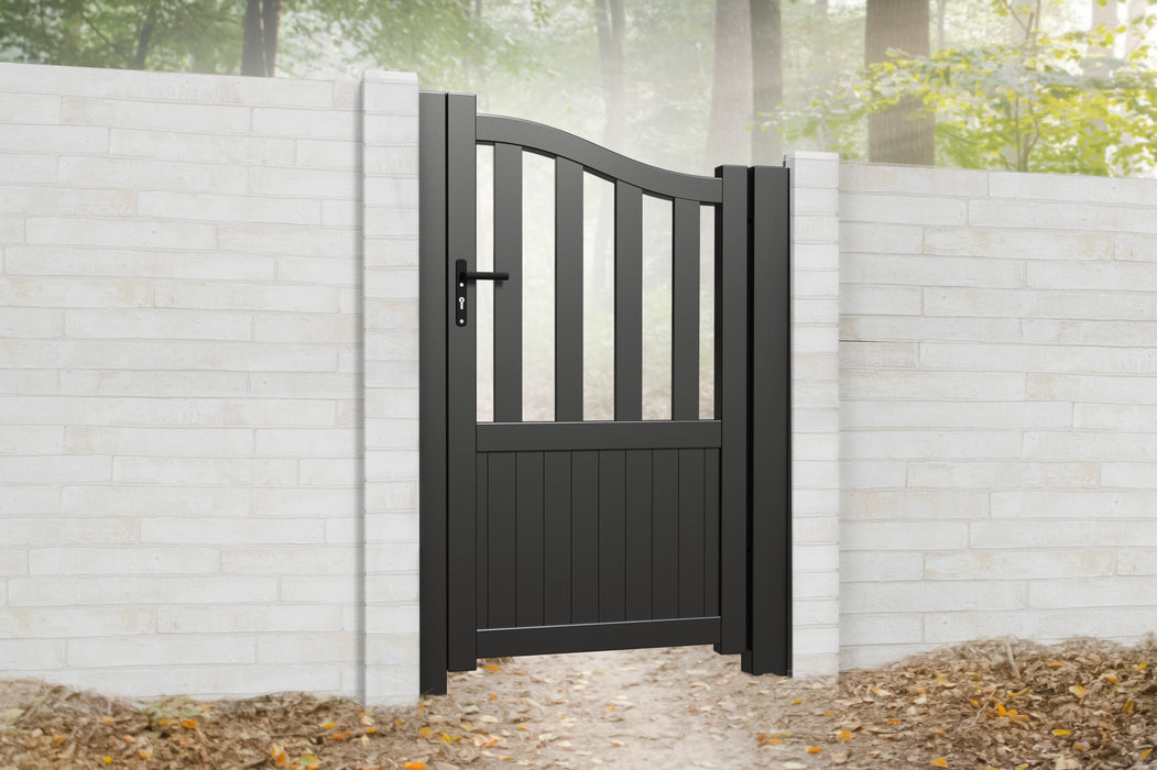 The Nelson - Aluminium pedestrian gate with mixed infill - Bell curved top | Supplied with lock, lock keep and hinges for mounting