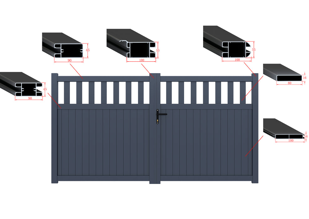 The Bond - Aluminium double swing gate with vertical mixed infill - Flat top - Full Hinge Pack Included