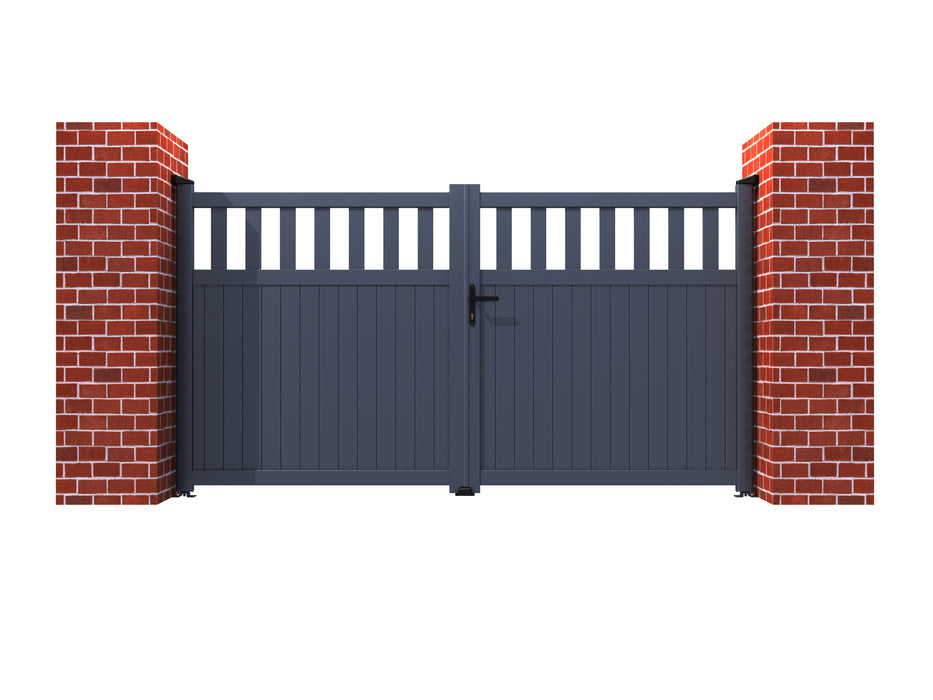 The Bond - Aluminium double swing gate with vertical mixed infill - Flat top - Full Hinge Pack Included