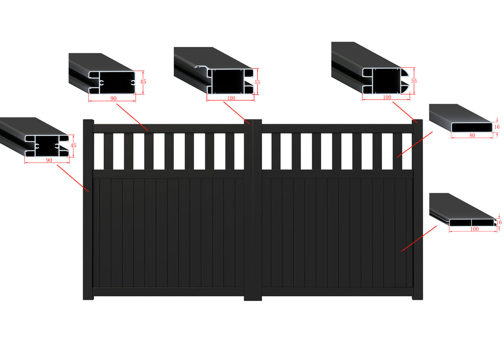 The Bond - Aluminium double swing gate with vertical mixed infill - Flat top - Full Hinge Pack Included