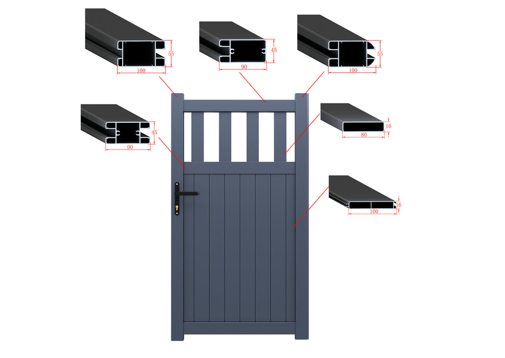 The Bond - Aluminium pedestrian gate with mixed infill - Vertical slats - Flat top| Supplied with lock, 3 x keys, full height lock keep receiver, full hinge pack for mounting