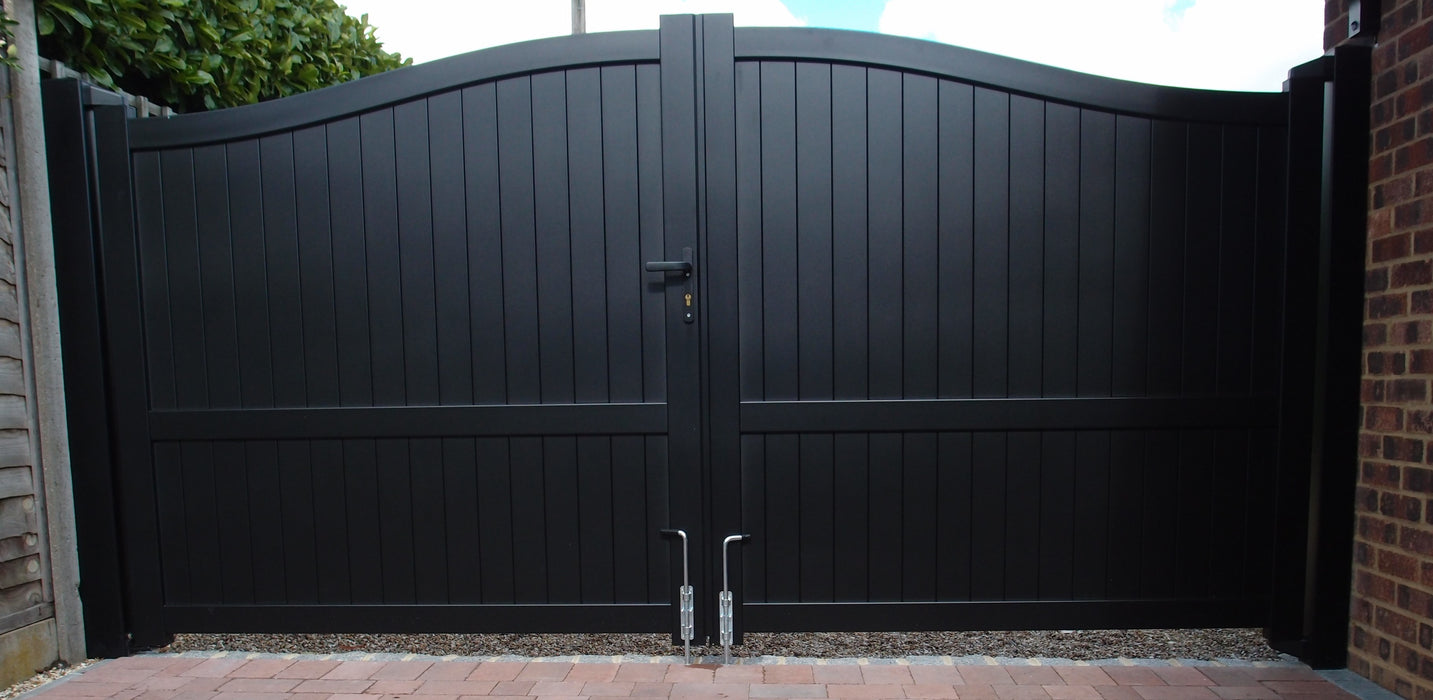 The Abbey - Aluminium double swing gate with vertical solid infill - Bell curved top - Full Hinge Pack Included