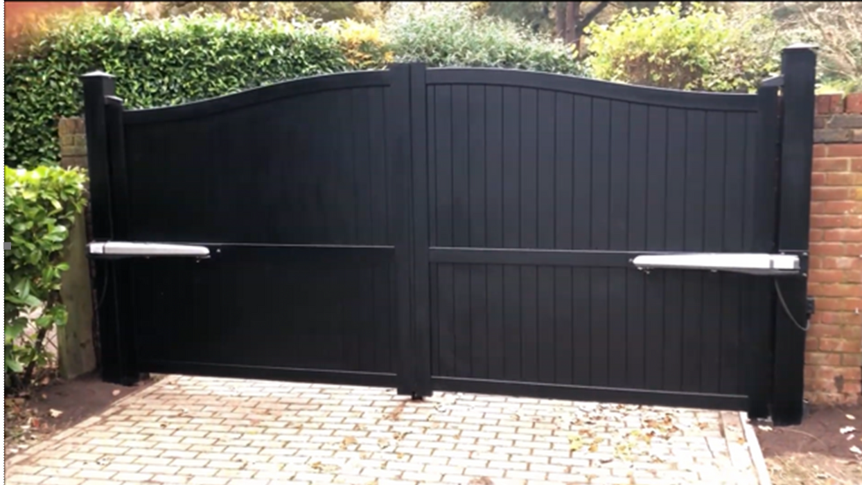 The Abbey - Aluminium double swing gate with vertical solid infill - Bell curved top - Full Hinge Pack Included